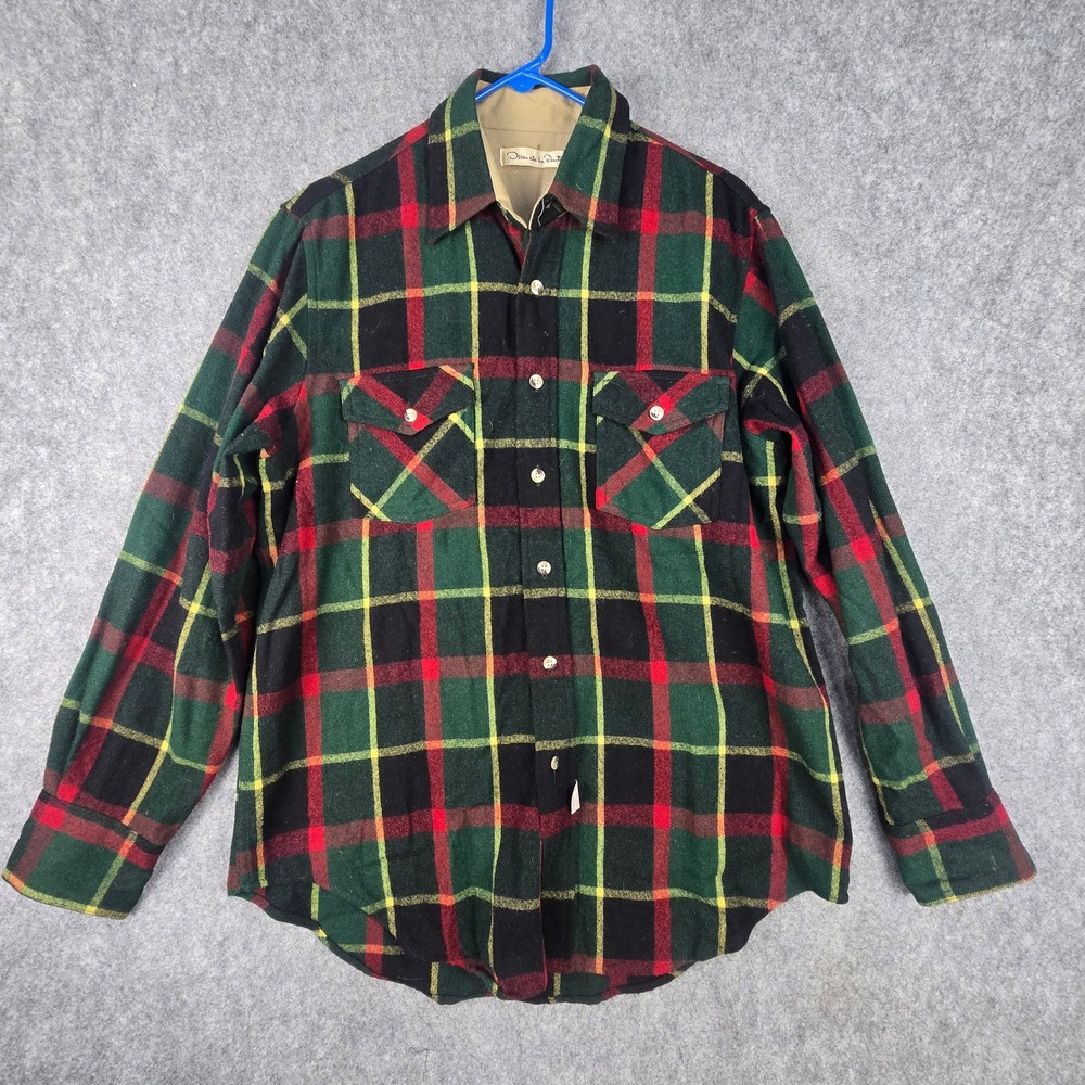 VTG 70s Oscar de la Renta Wool Flannel Shirt Mens M Green Red Plaid Board